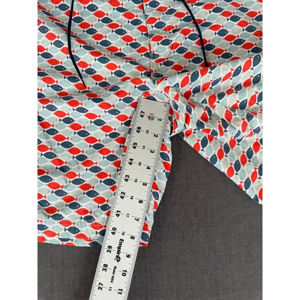 J. Crew Swim Trunks Mens Size 35 Fish Print Navy Blue‎ Drawstring Board Shorts